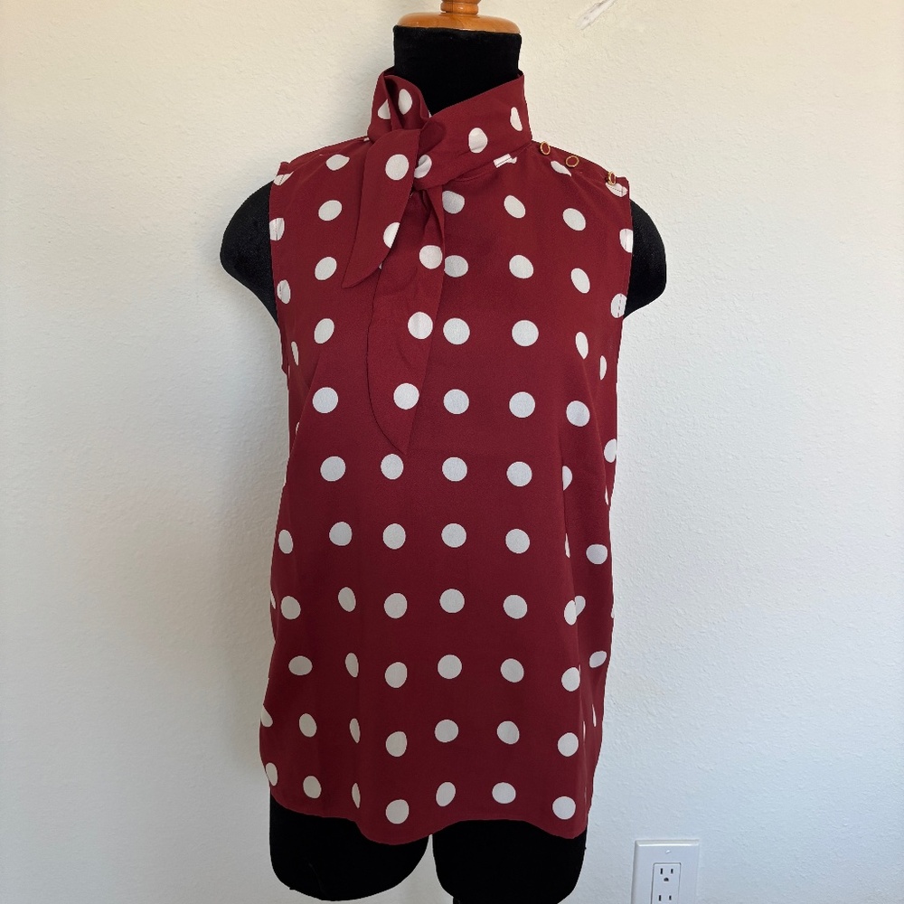 Ann Taylor Burgundy Polka Dot Sleeveless Blouse with Neck Tie